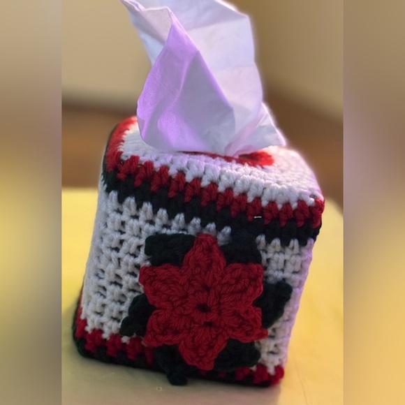 Other - Crochet Tissue Box Cover with Red Flower